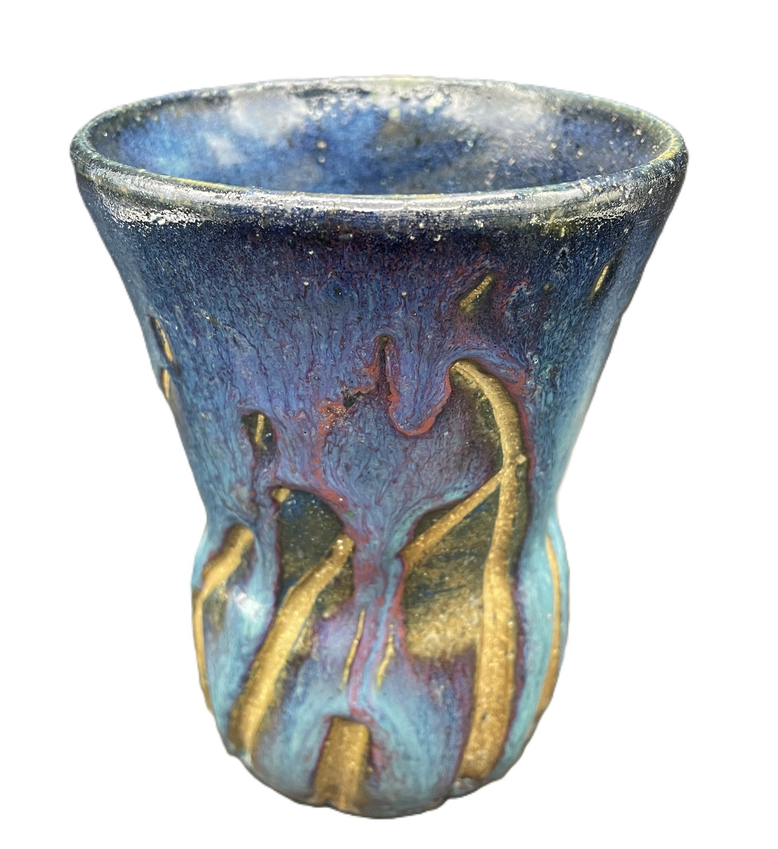 5.5" Abstract Blue Art Pottery Vase Hand Thrown Marked "F" - 2