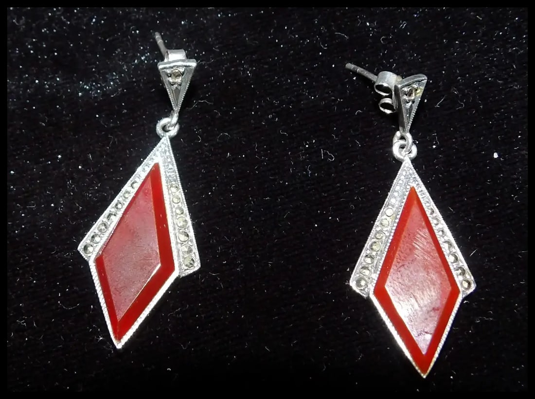 Vintage 925 Silver Earrings with Art Deco Geometric Shape - 2