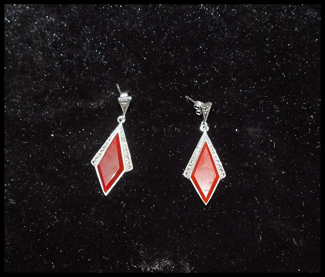 Vintage 925 Silver Earrings with Art Deco Geometric Shape - 6