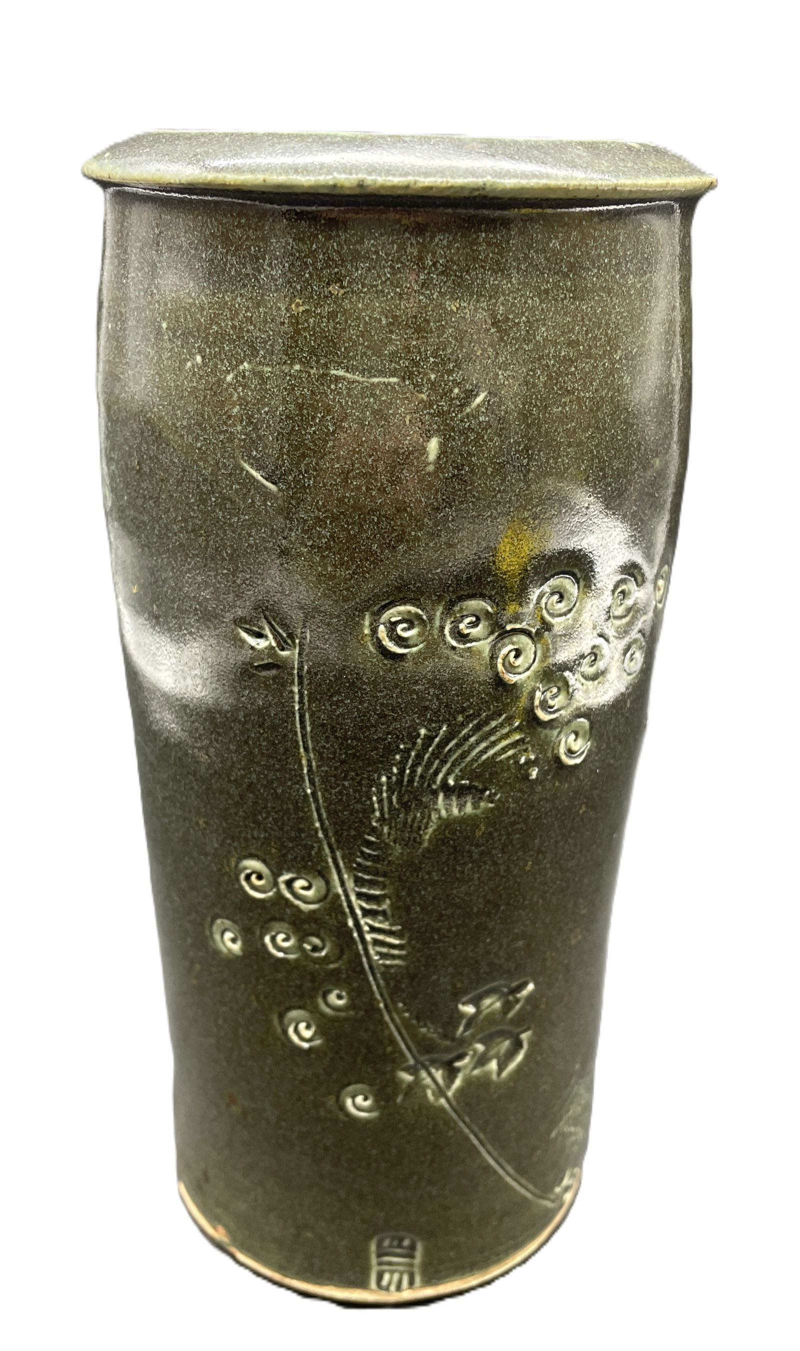 8.5" Signed Japanese or Asian Pottery Vase, Abstract Design: Date/Period: unknownDimension: Approx. 8.5" tall x 4" diameterMaterial: potteryAdditional Information: Lovely Asian Art Pottery Vase Signed Shipping:Domestic: Flat-rate of $14.00 to anywhere within