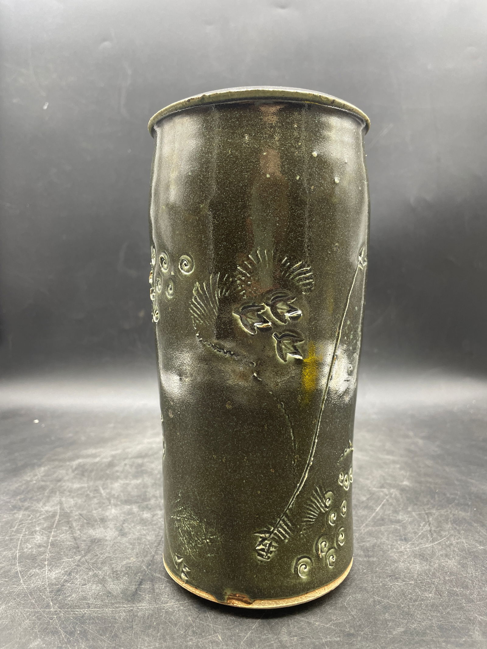 8.5" Signed Japanese or Asian Pottery Vase, Abstract Design - 4