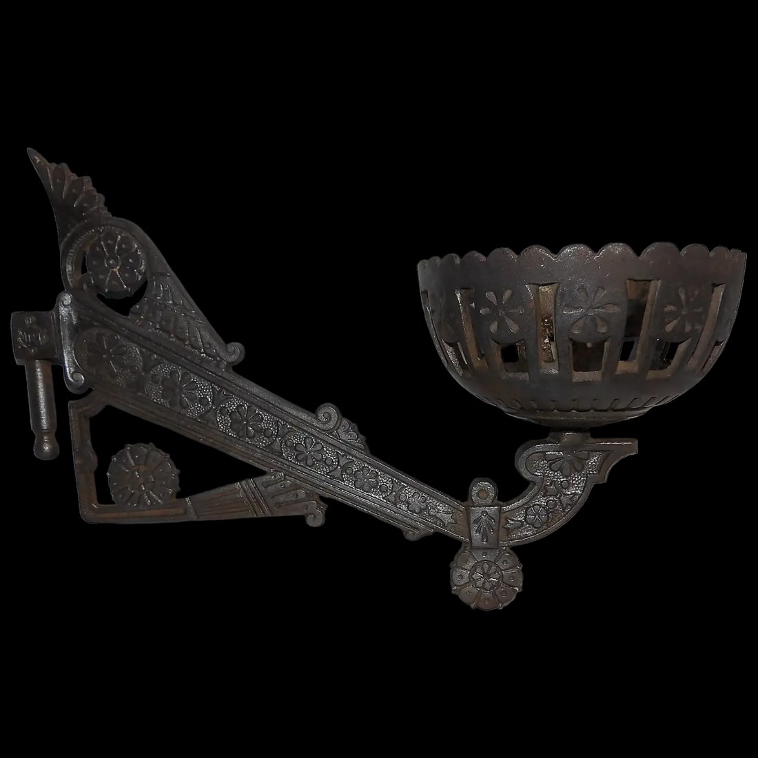 Antique English Cast Iron Lamp or Plant Holder- Diamond Registry Mar: This English Cast Iron Lamp or Plant Holder has a Diamond Registry Mark on the inside of the holder - this mark was used between 1842-1883. The Registry Mark is hard to read but is obvious. It