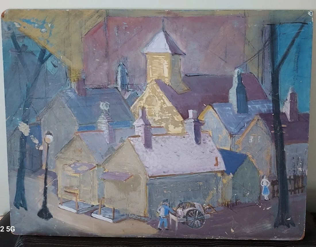 20th century oil painting on Board weird colors town church 1950 street vendor: Great looking piece in good condition. Love colors and vibe of this. Paint on board. Measures 24 x 18" Shipping charges include insurance. Shipping:Domestic: Flat-rate of $35.00 to anywhere within