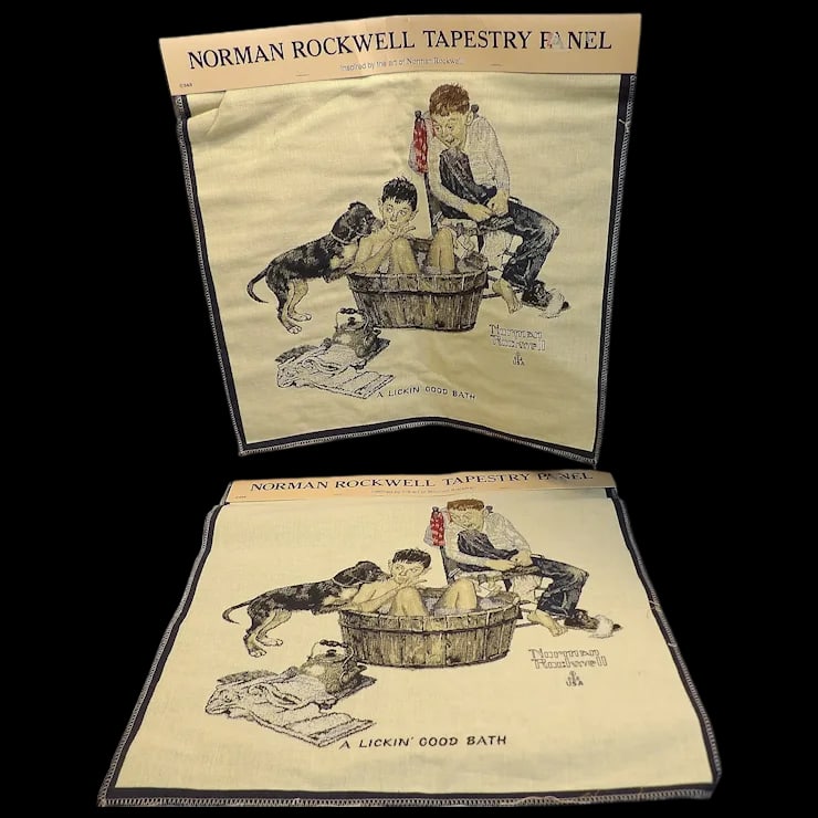 Norman Rockwell Tapestry Panel by Oakhurst Textiles Inc.: This pair Norman Rockwell Tapestry Panel by Oakhurst Textiles Inc. is NOS and may be used for pillows, framing, wall hangings, wearable art. Sold as a matched pair for pillows. This would also be a gr