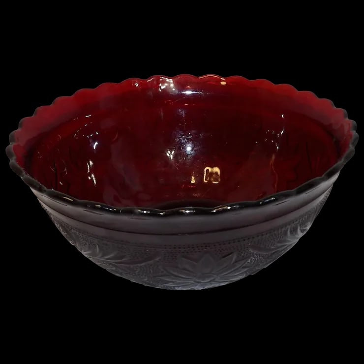 Royal Ruby Sandwich Glass Bowl: Beautiful Royal Ruby Sandwich Glass Bowl-deep red bowl from the Anchor Hocking "Sandwich" line, circa 1940's-50's. Excellent condition with no issues to note beyond age and use appropriate signs of