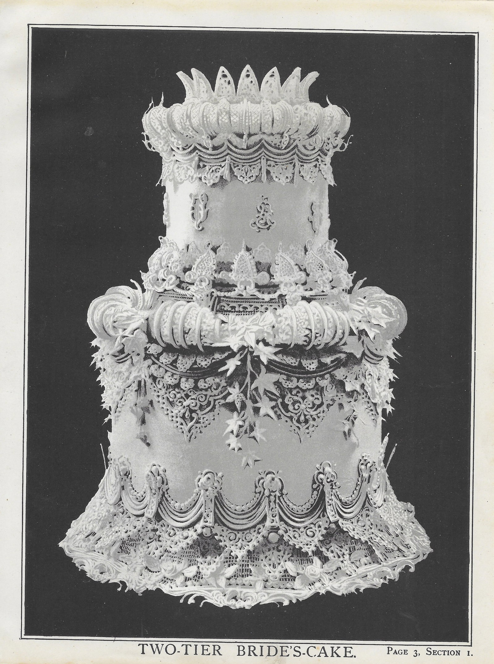 Two-Tier Bride's Cake - antique printt: Lot Title: Two-Tier Bride's Cake - antique printtAuthor/Artist: T. Percy LewisDate: c1903Source: "The Book of Cakes"Size/Format: 11.5 x 8.5 inchesProcess: ChromolithographyAdditional Information: