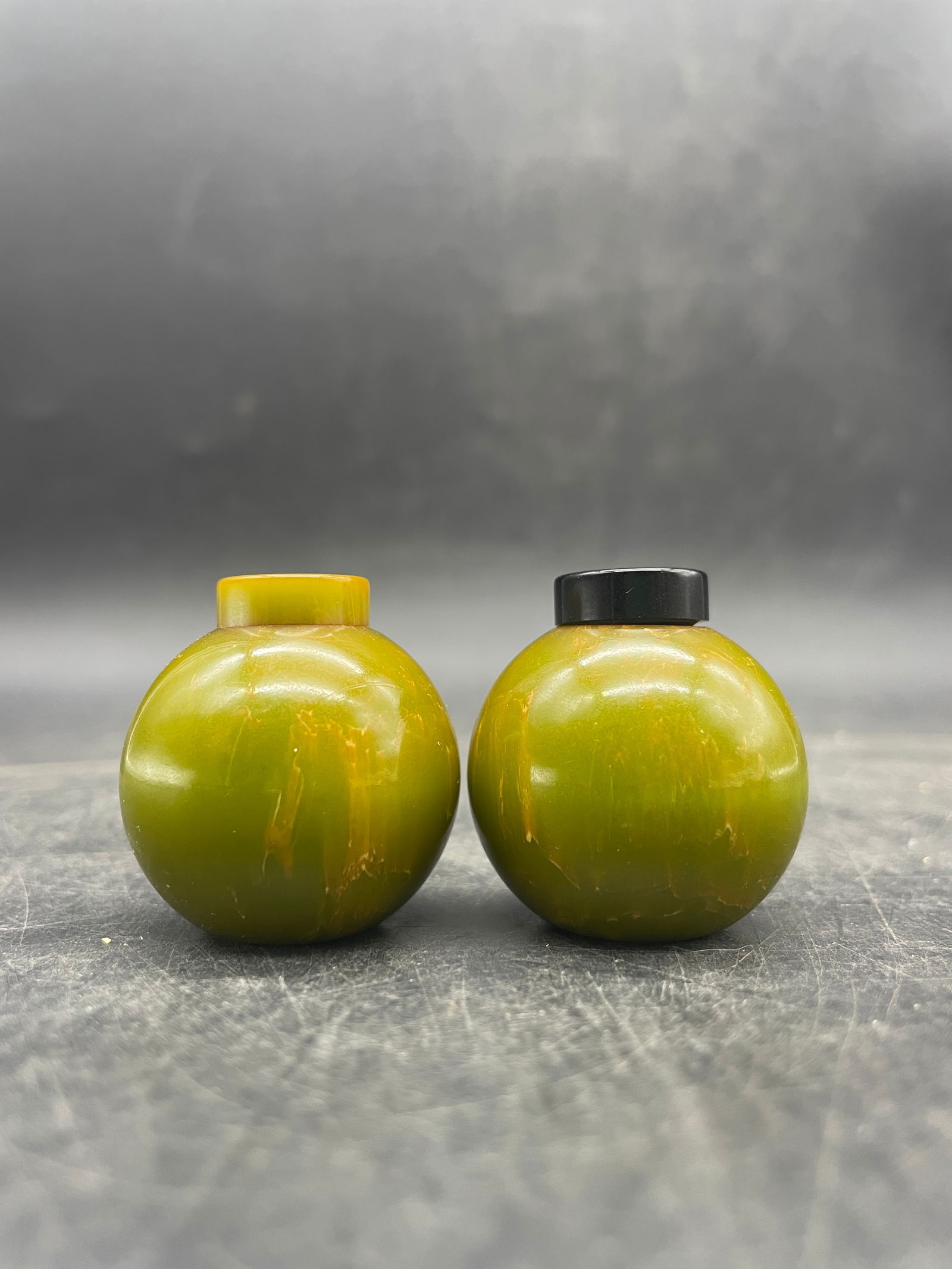 Vintage Bakelite MCM Retro Round Green Salt & Pepper Shakers Black Top - 6