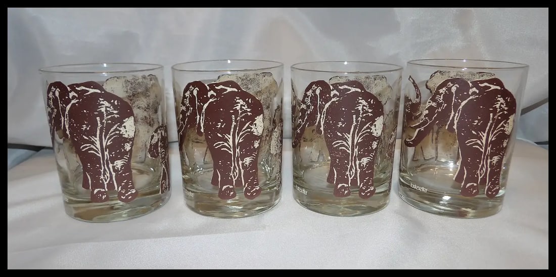 Vintage Tastesetter ELEPHANTS Safari Double Old Fashioned Cocktail Glasses - 4
