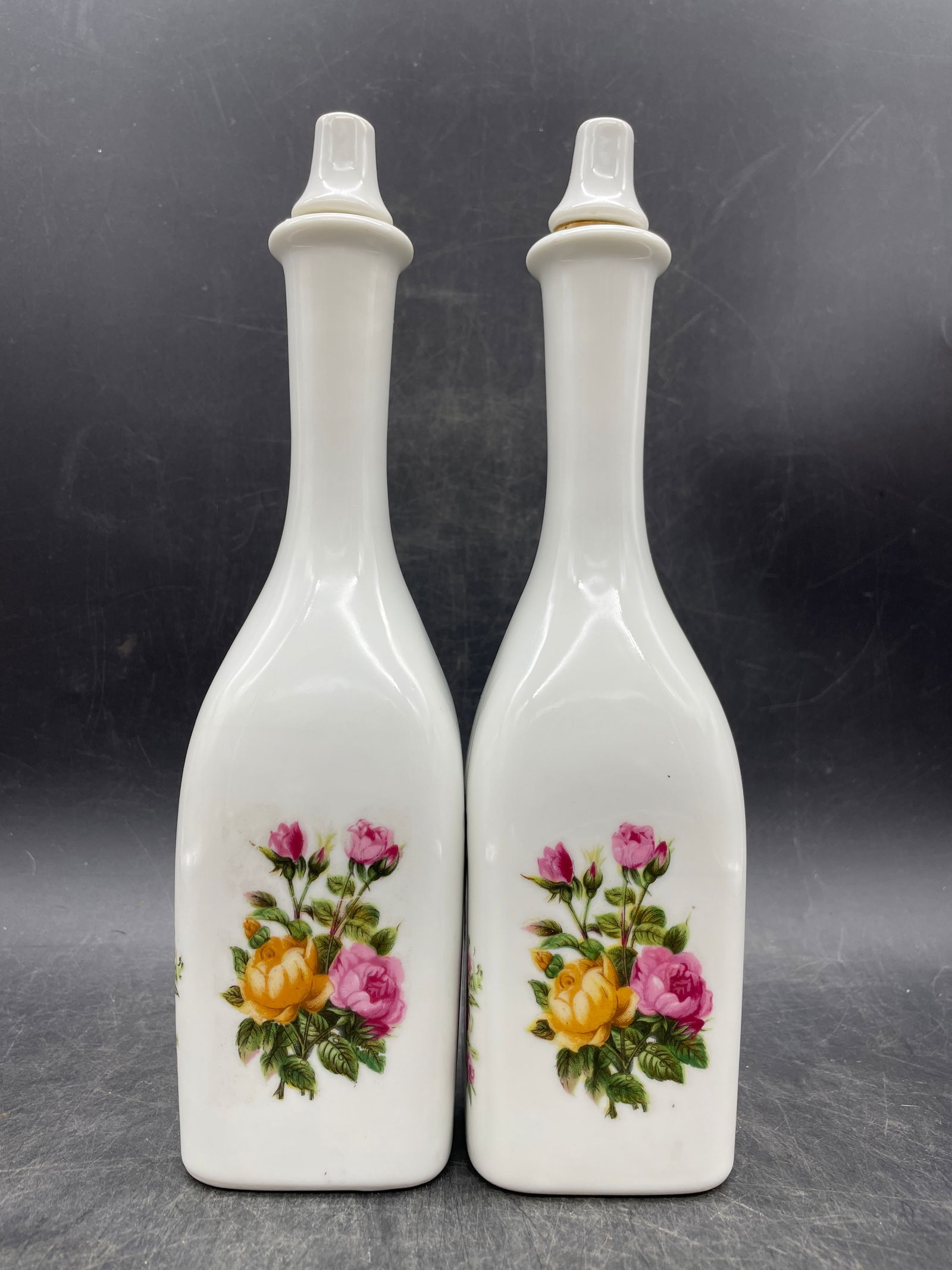 2qty Vintage Apothecary Barber Bottle Floral Milk Glass Prop Tonic Witch Hazel - 2