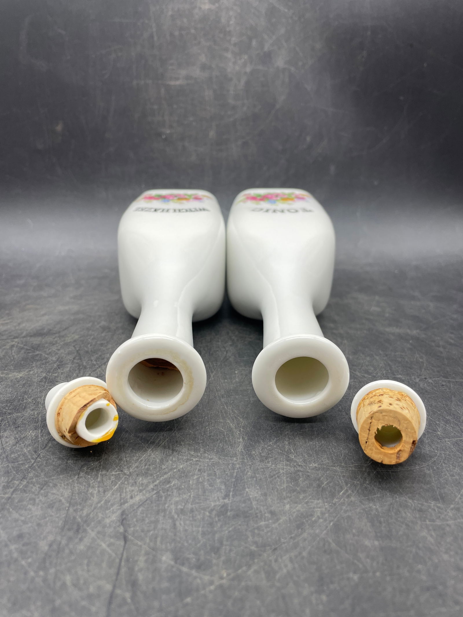 2qty Vintage Apothecary Barber Bottle Floral Milk Glass Prop Tonic Witch Hazel - 6