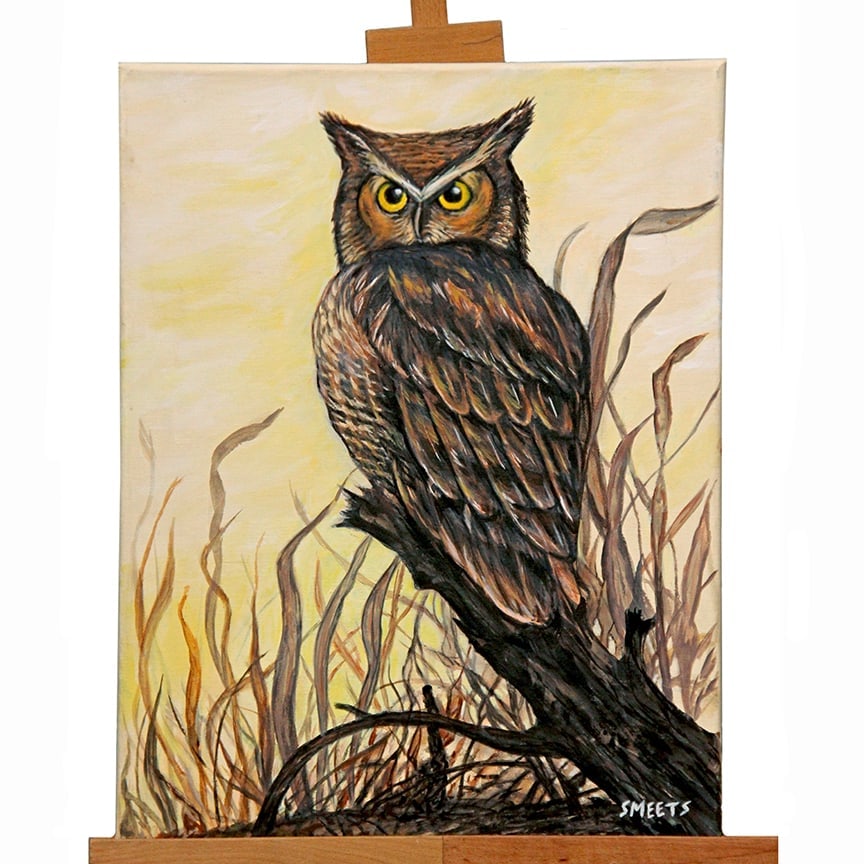Original Acrylic on Canvas Painting Owl in the Field – Signed (1 of 4)