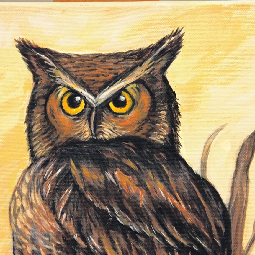 Original Acrylic on Canvas Painting Owl in the Field – Signed - 2
