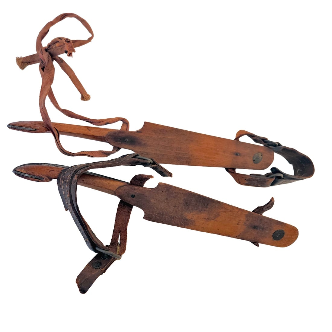 Vintage Traditional Dutch Frisian Wooden Ice Skates with Metal Blades and Leather Straps. - 2