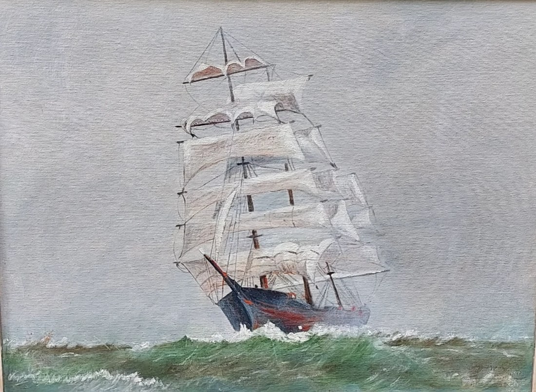 Oil painting Sailing Ship American Folk Art Painting signed 1973 (1 of 3)