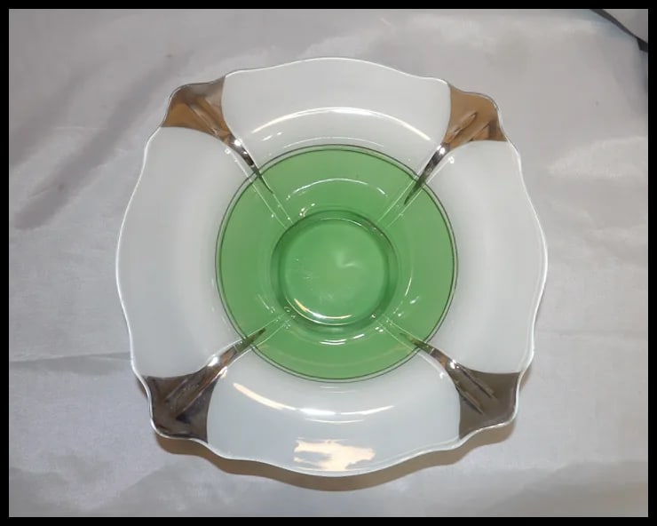 1930’s Indiana Glass Hand Painted Art Deco Green with Silver Accents Moderne Classic Footed - 2