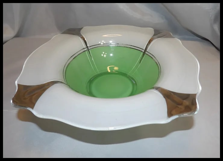 1930’s Indiana Glass Hand Painted Art Deco Green with Silver Accents Moderne Classic Footed - 3