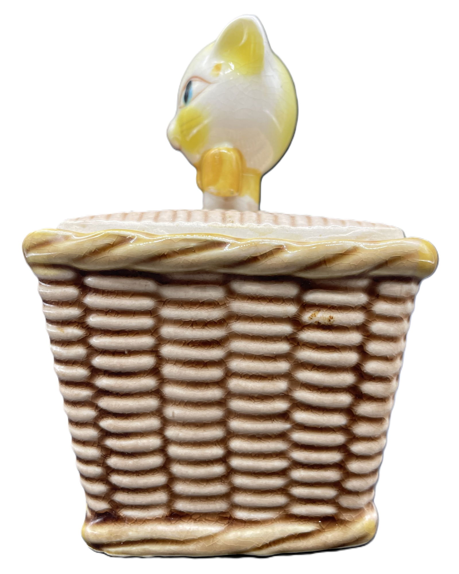Vintage Tilso Jamin Jelly Jar Ceramic Cat In Wicker Basket - Made in Japan - 4