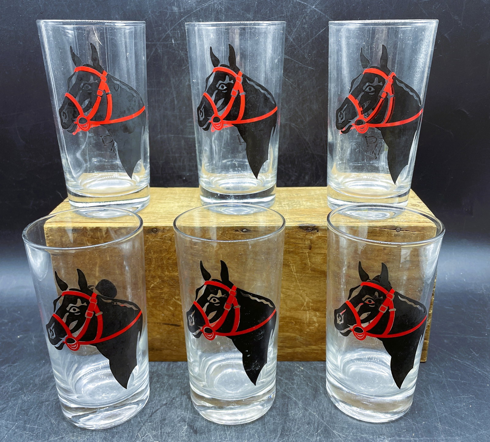 6 MCM Equestrian Horse Tumblers Federal Glass: Date/Period: Approx 1950-60's Dimension: Approx. 5.25" x 2.5" Material: glass Additional Information: The product is a set of six MCM Equestrian Horse Tumblers by Federal Glass. These vintage tumblers
