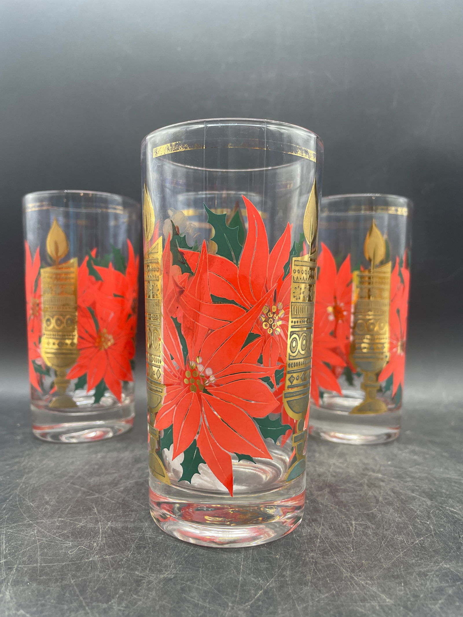 MCM Pasinski Christmas Glasses - 22K Gold Candles with Red Poinsettias - 4