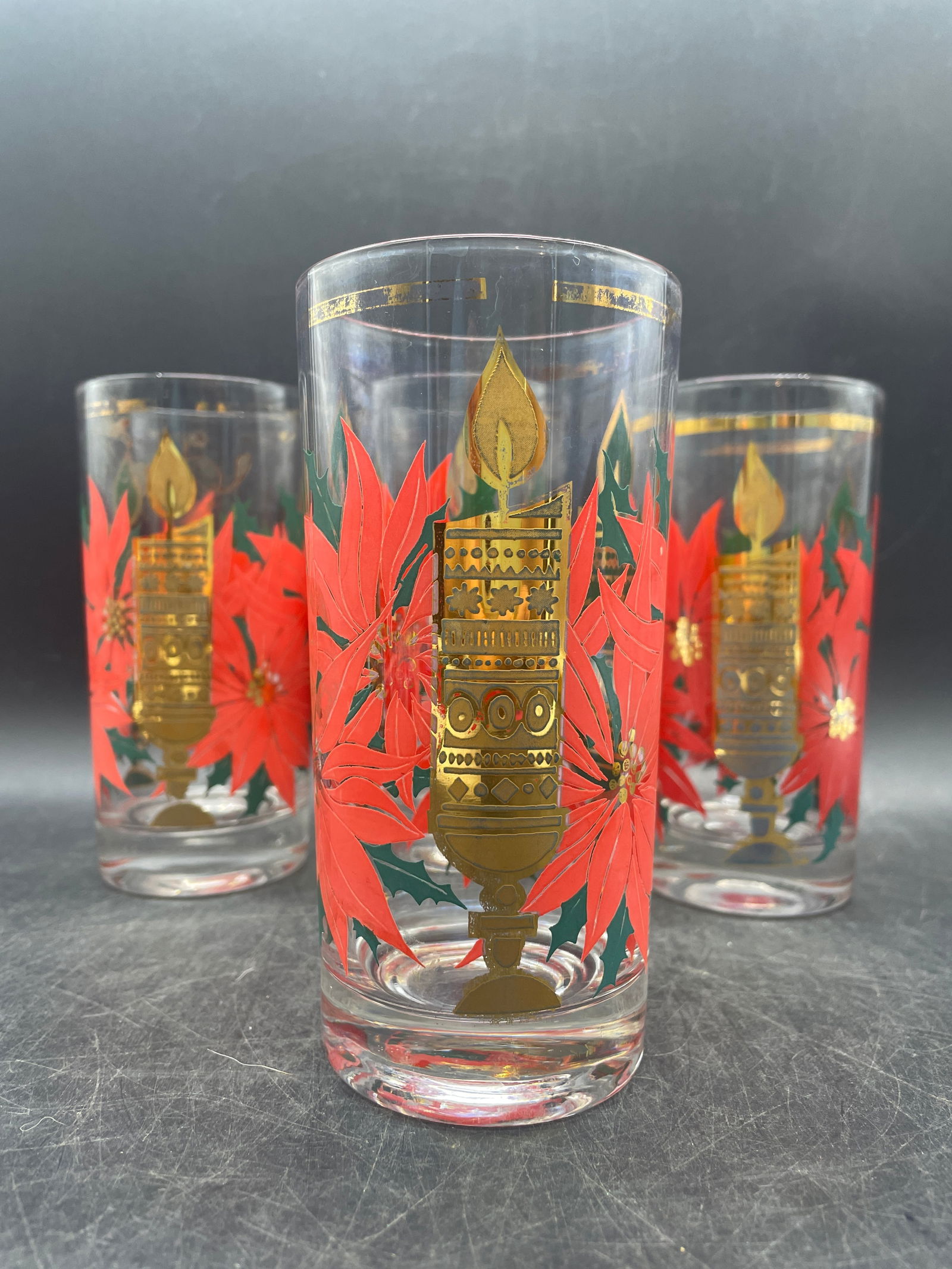 MCM Pasinski Christmas Glasses - 22K Gold Candles with Red Poinsettias - 3
