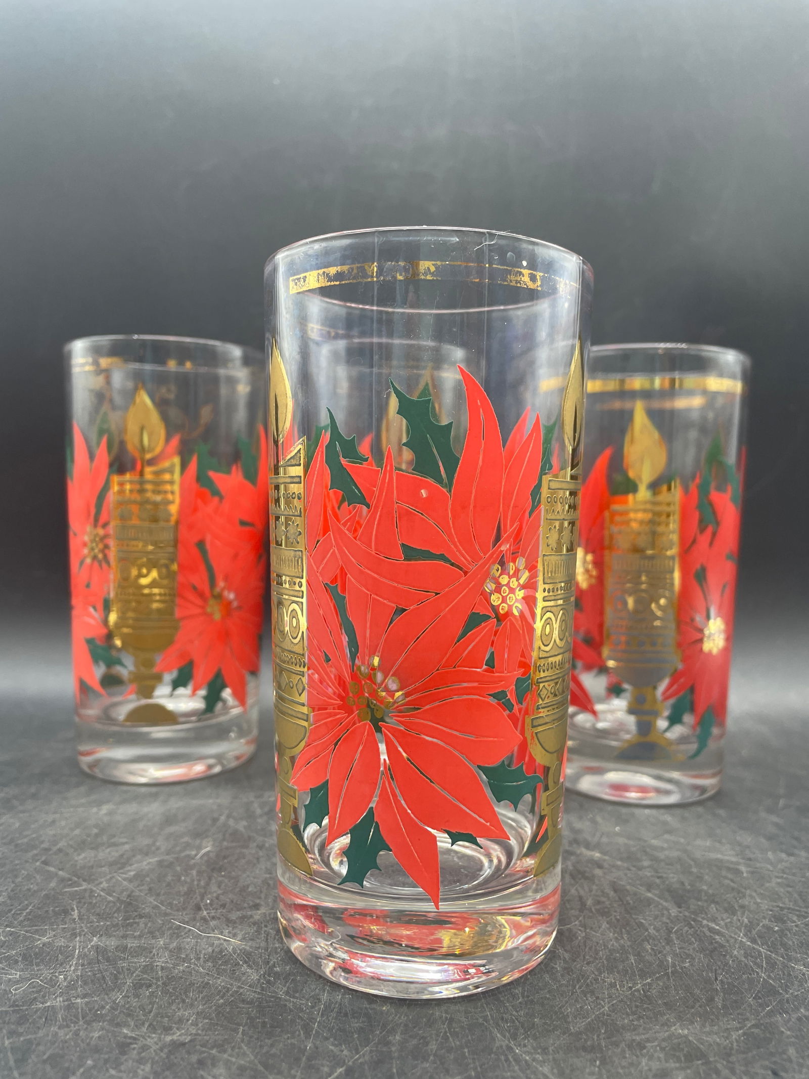 MCM Pasinski Christmas Glasses - 22K Gold Candles with Red Poinsettias - 4