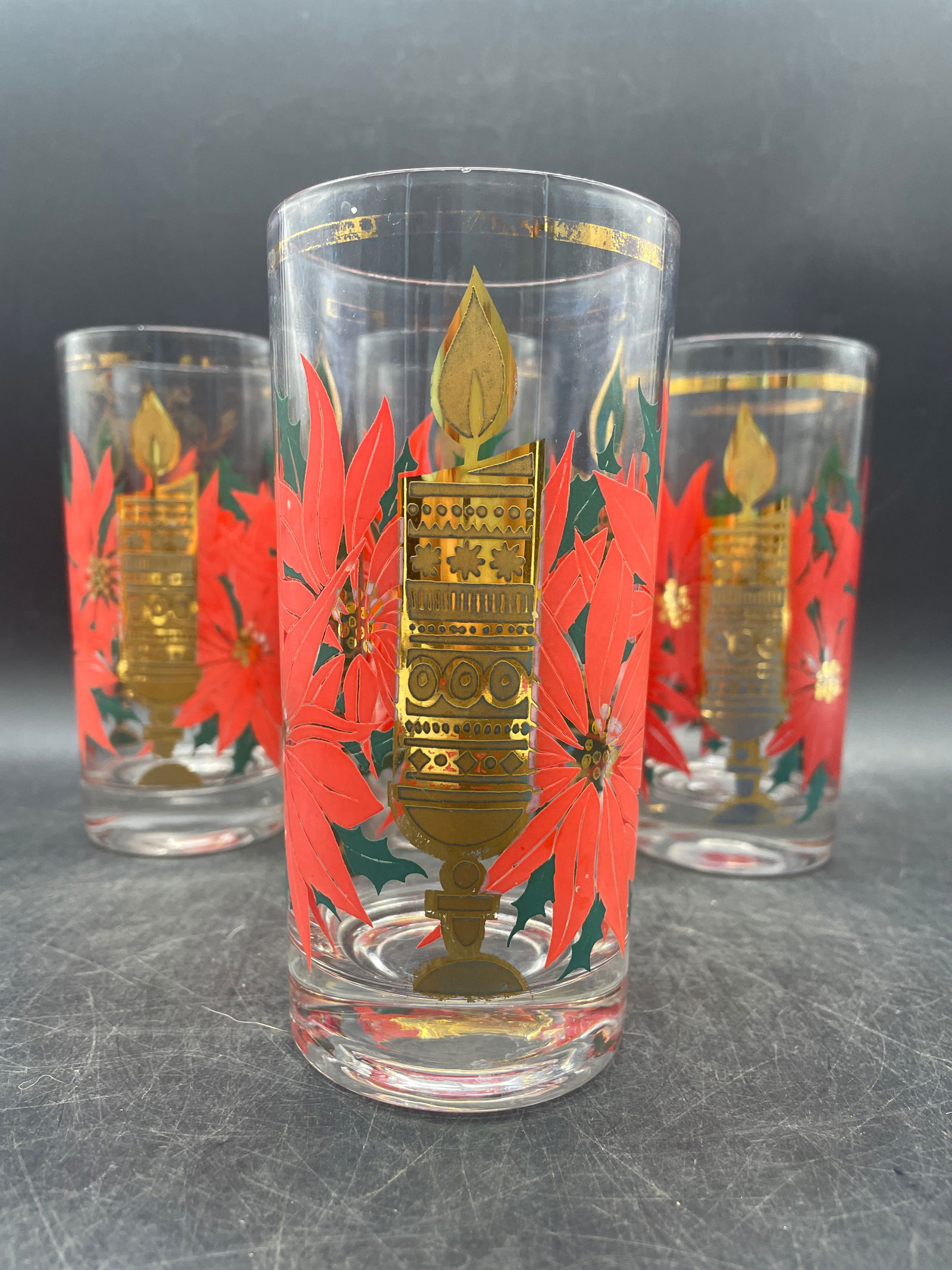MCM Pasinski Christmas Glasses - 22K Gold Candles with Red Poinsettias - 5