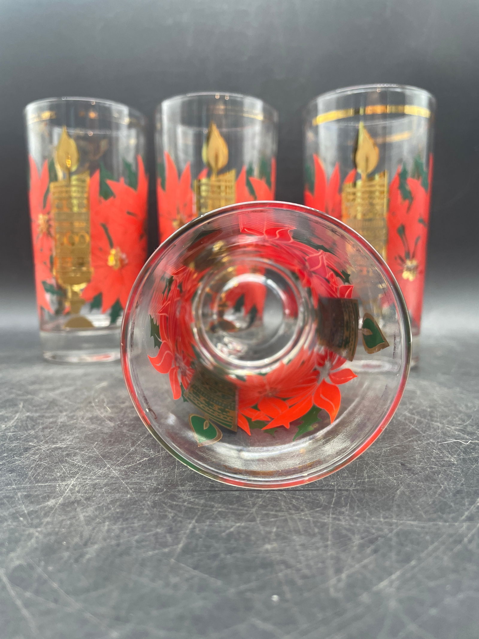 MCM Pasinski Christmas Glasses - 22K Gold Candles with Red Poinsettias - 7