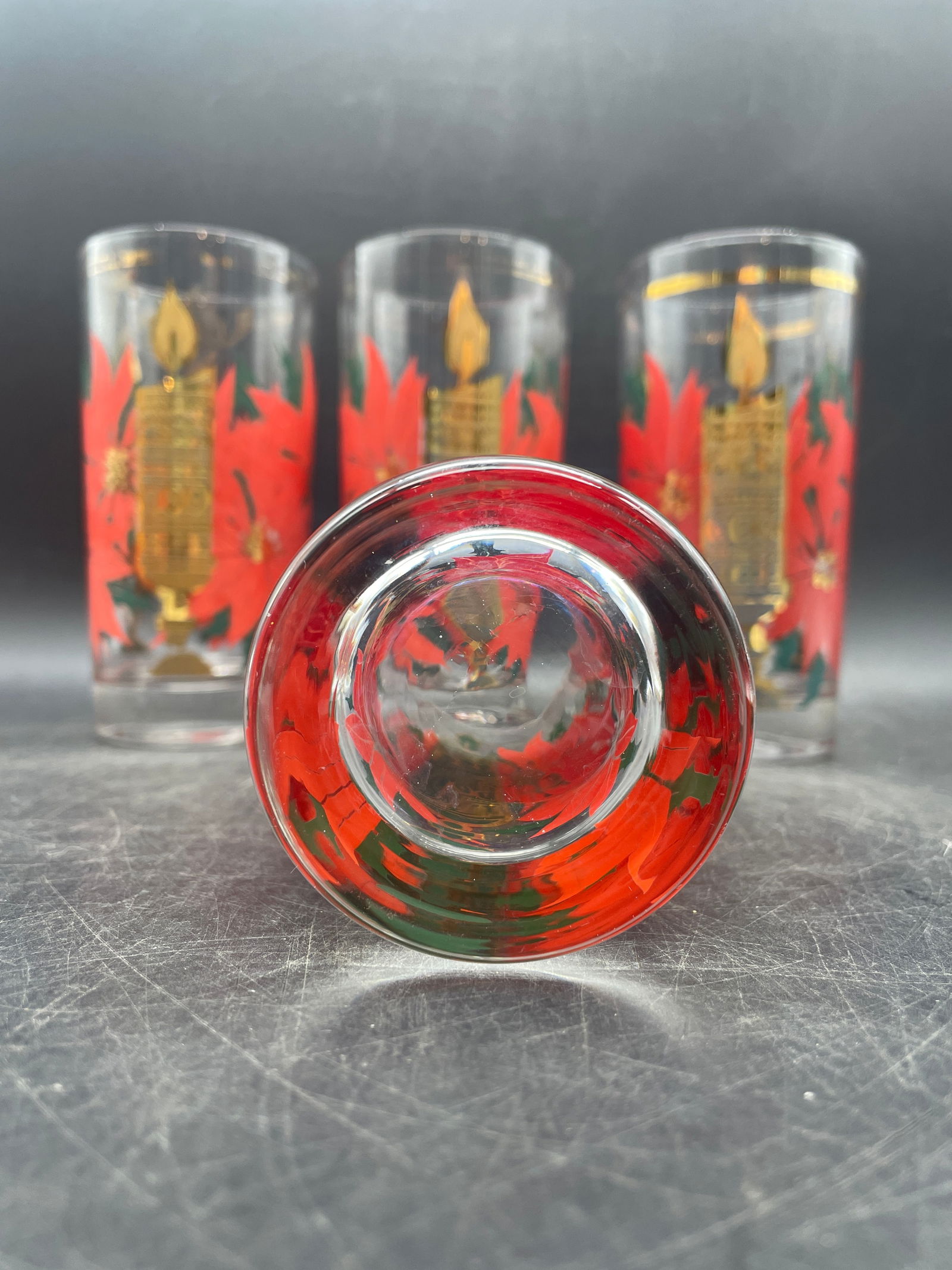 MCM Pasinski Christmas Glasses - 22K Gold Candles with Red Poinsettias - 8