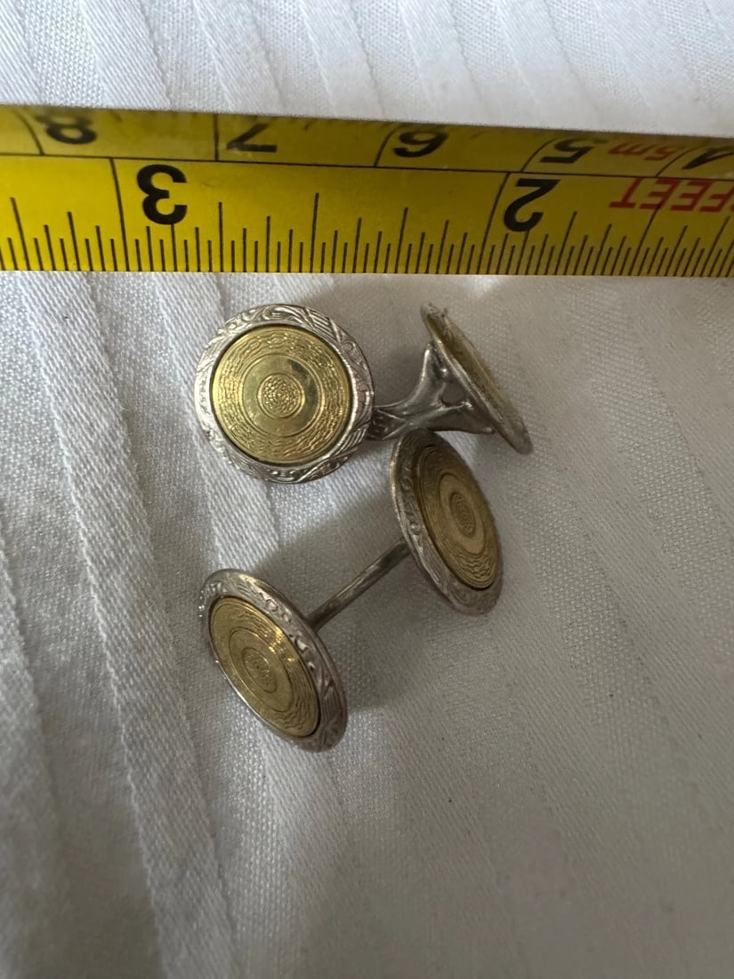 Antique pair silver tone & green stone Cufflinks plus other gold tone pair - 10