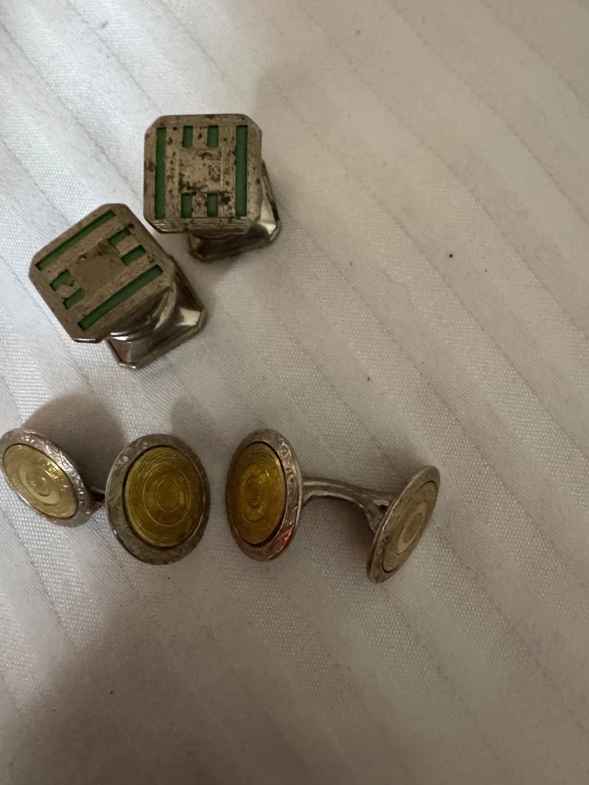 Antique pair silver tone & green stone Cufflinks plus other gold tone pair - 3