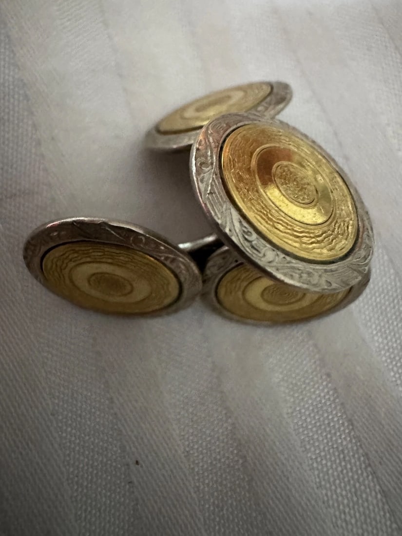 Antique pair silver tone & green stone Cufflinks plus other gold tone pair - 9