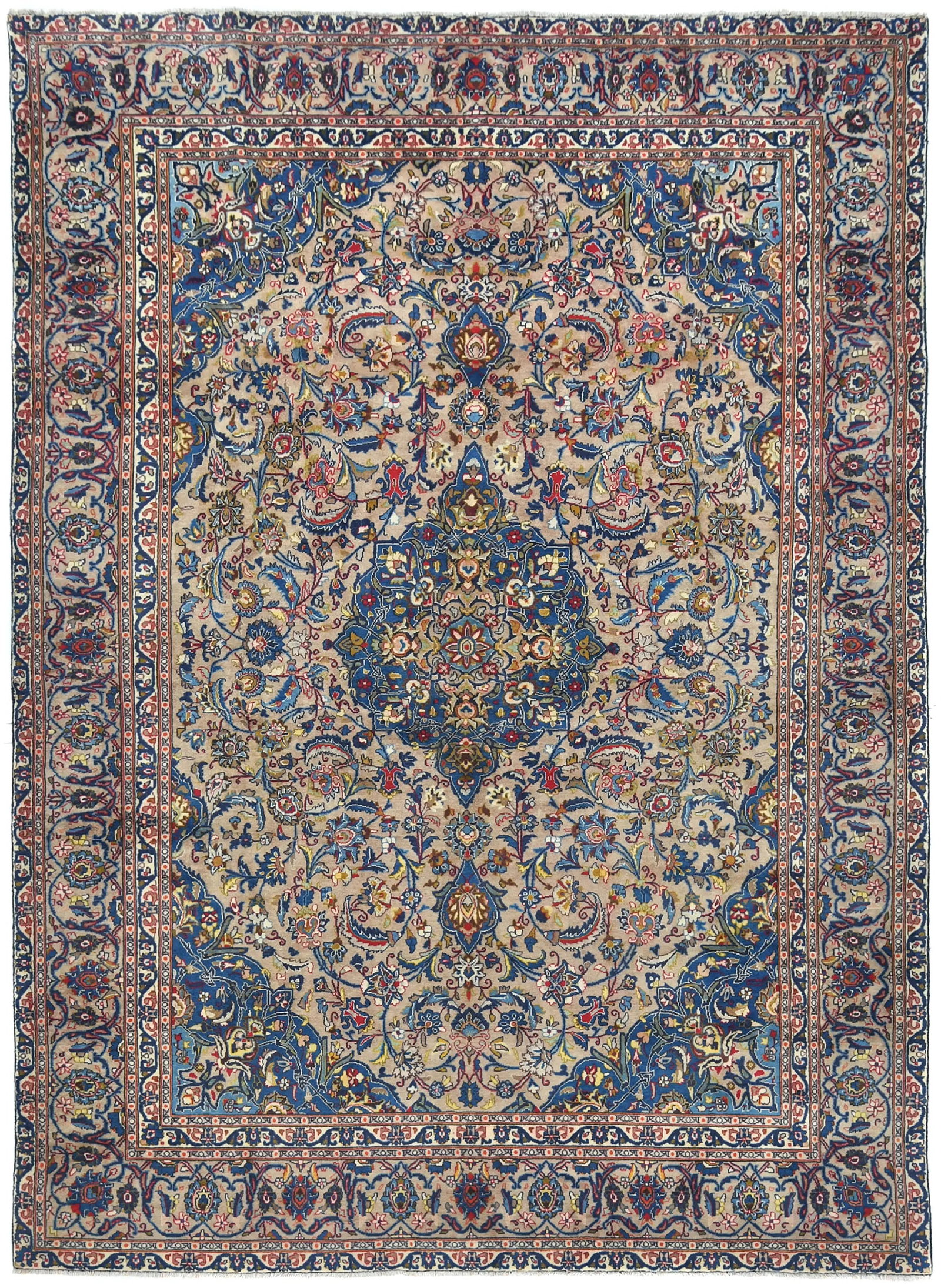 Semi Antique Beige Floral 9X13 Kashmar Persian Rug: Title:Semi Antique Beige Floral 9X13 Kashmar Persian Rug Description:Handmade semi antique 9X13 beige Persian rug made with vegetable dyes (fine wool pile and cotton foundation), superior knot count,