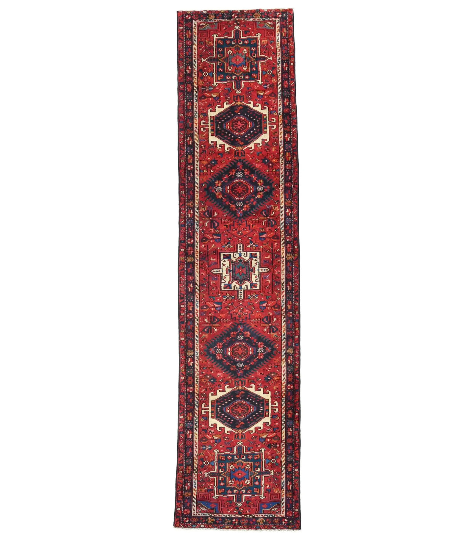 Vintage Red Geometric 3'1X12'7 Karajeh Persian Runner Rug: Title:Vintage Red Geometric 3'1X12'7 Karajeh Persian Runner Rug Description:Hand Knotted 3'1X12'7 Red Persian runner made with vegetable dyes