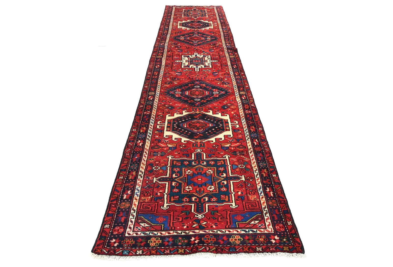 Vintage Red Geometric 3'1X12'7 Karajeh Persian Runner Rug - 2