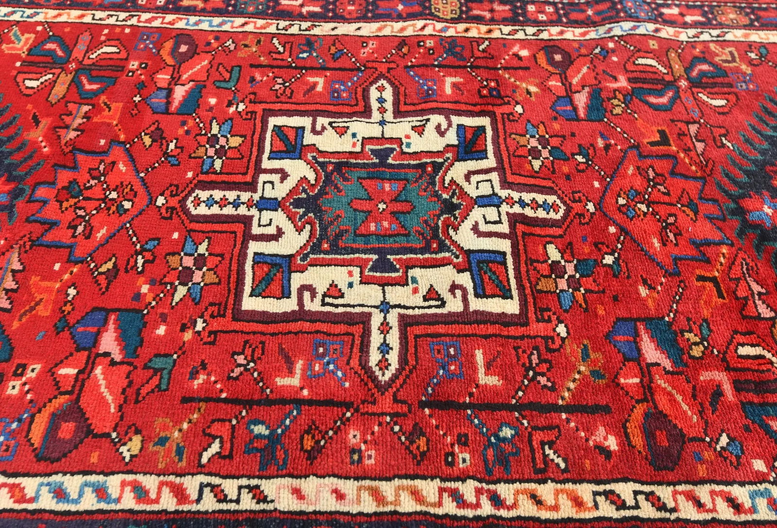 Vintage Red Geometric 3'1X12'7 Karajeh Persian Runner Rug - 5