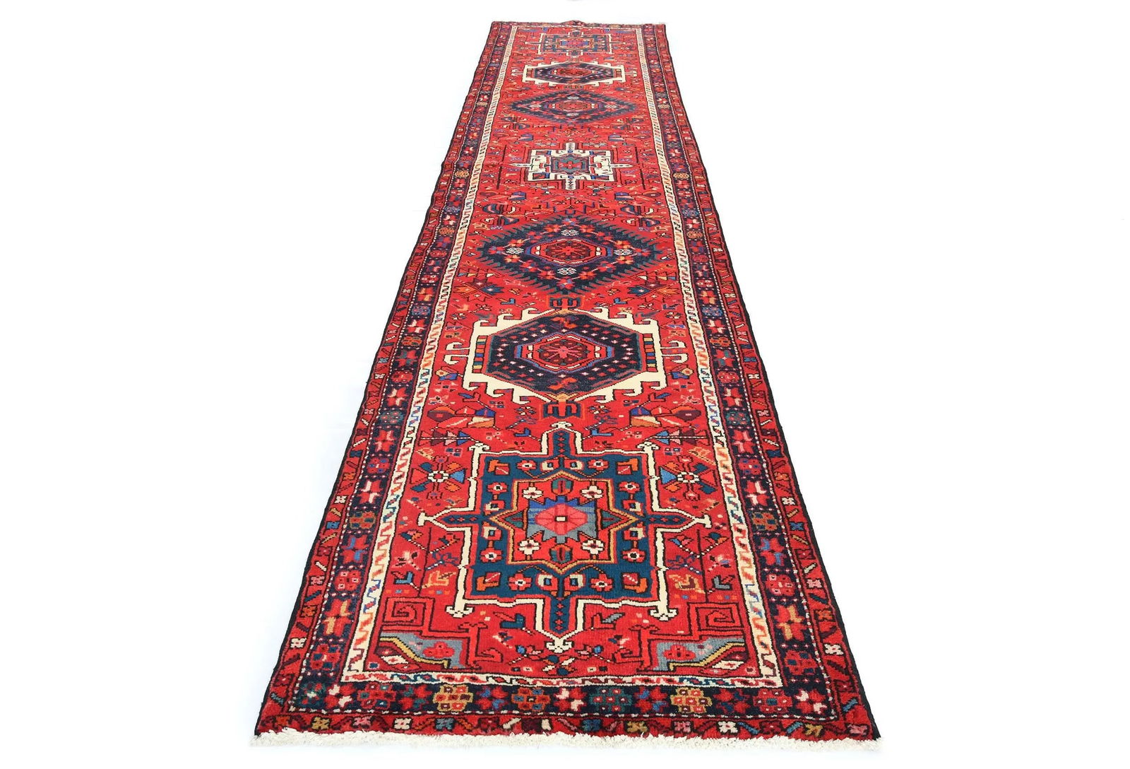 Vintage Red Geometric 3'1X12'7 Karajeh Persian Runner Rug - 9