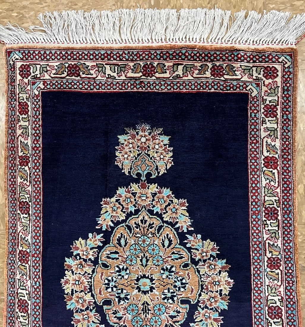 Hand-Knotted Persian Qum Semi-Antique 100% Silk Navy Ivory Rug 1'11" x 3'3" - 5