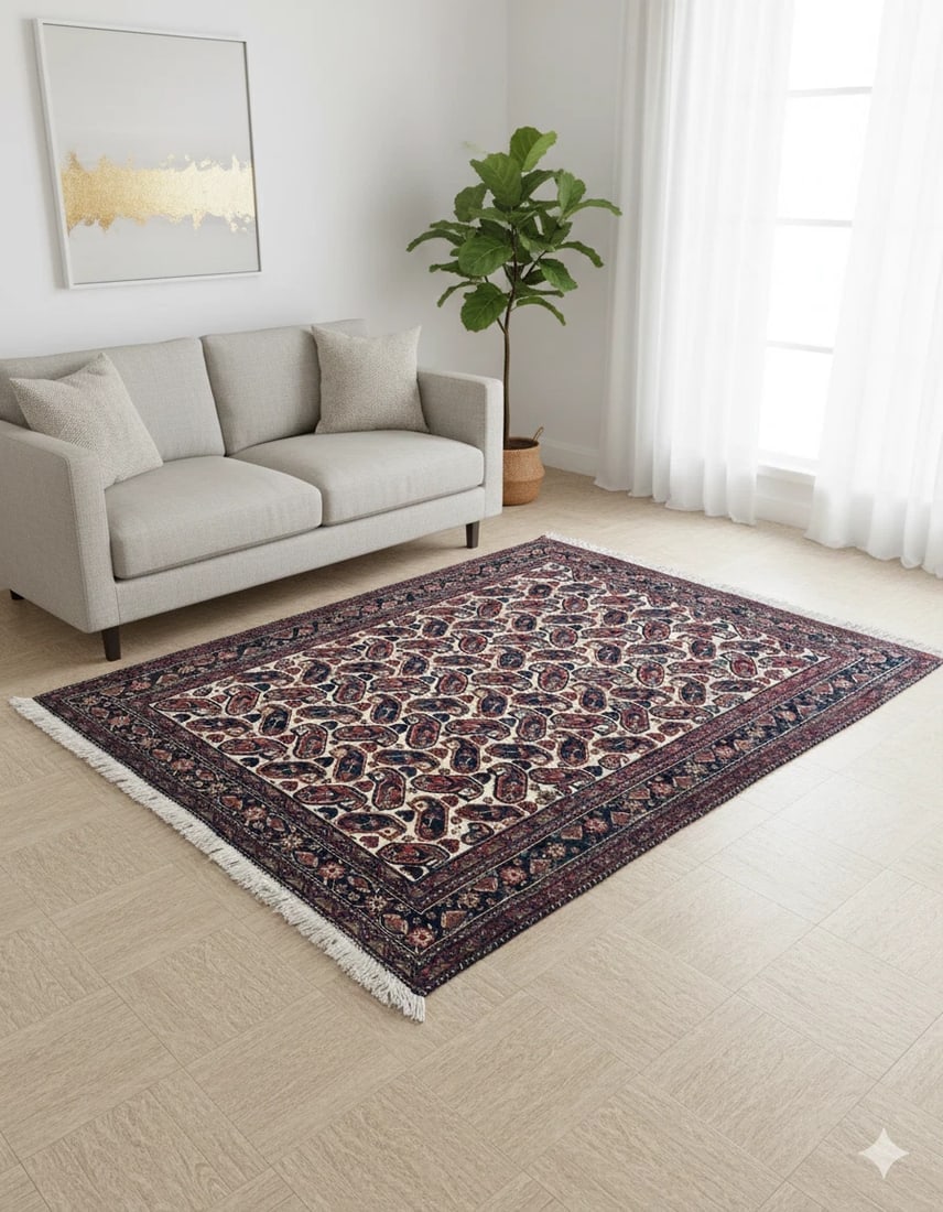 Hand-Knotted Semi-Antique Persian Sirjan Paisley Ivory Wool Oriental Rug 5'5" x 7'2" - 11