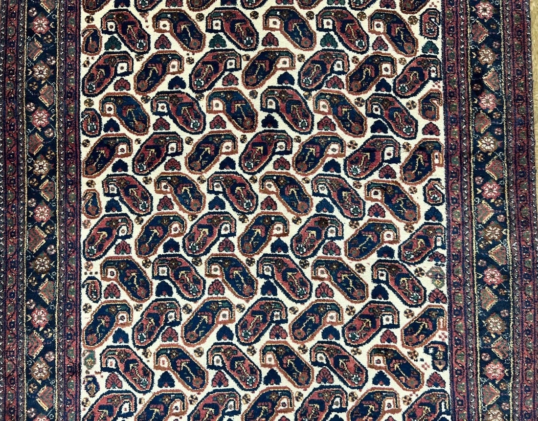 Hand-Knotted Semi-Antique Persian Sirjan Paisley Ivory Wool Oriental Rug 5'5" x 7'2" - 3