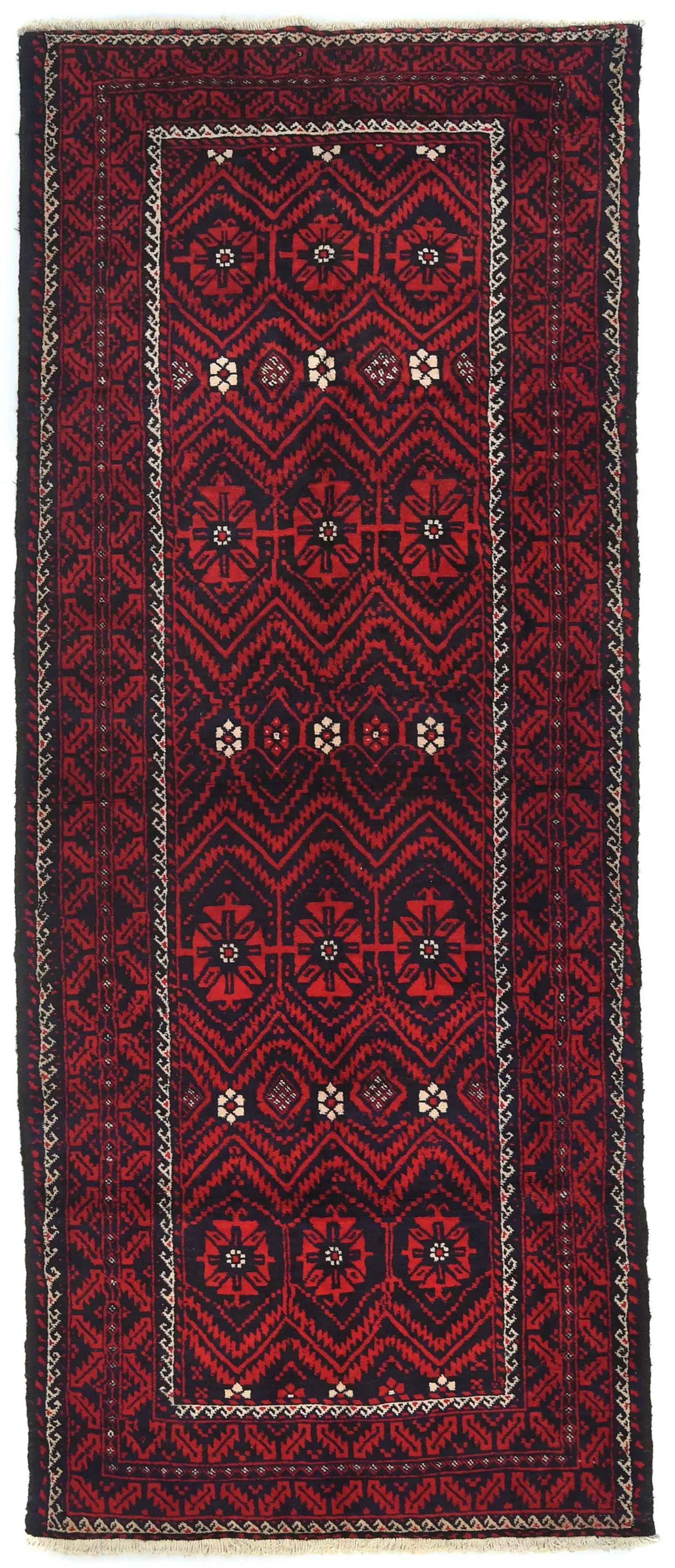 Vintage Red Tribal 4X10 Balouch Persian Runner Rug: Title:Vintage Red Tribal 4X10 Balouch Persian Runner Rug Description:Hand Knotted 4X10 Red vintage Persian runner made with vegetable dyes (fine wool pile and cotton foundation)
