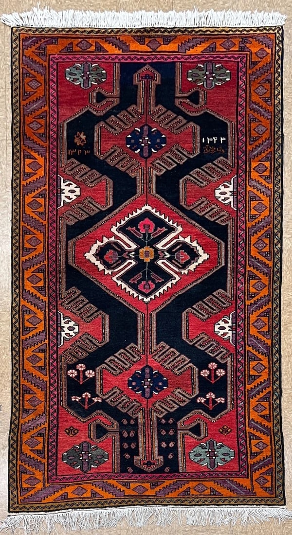 Antique Persian Hamedan Hand-Knotted Navy Geometric Wool Area Rug 4'11"x9'5": Title:Antique Persian Hamedan Hand-Knotted Navy Geometric Wool Area Rug 4'11"x9'5" Description:• Rug Number: H48 • Country of Origin: Iran • Style, Design: Persian Hamedan,