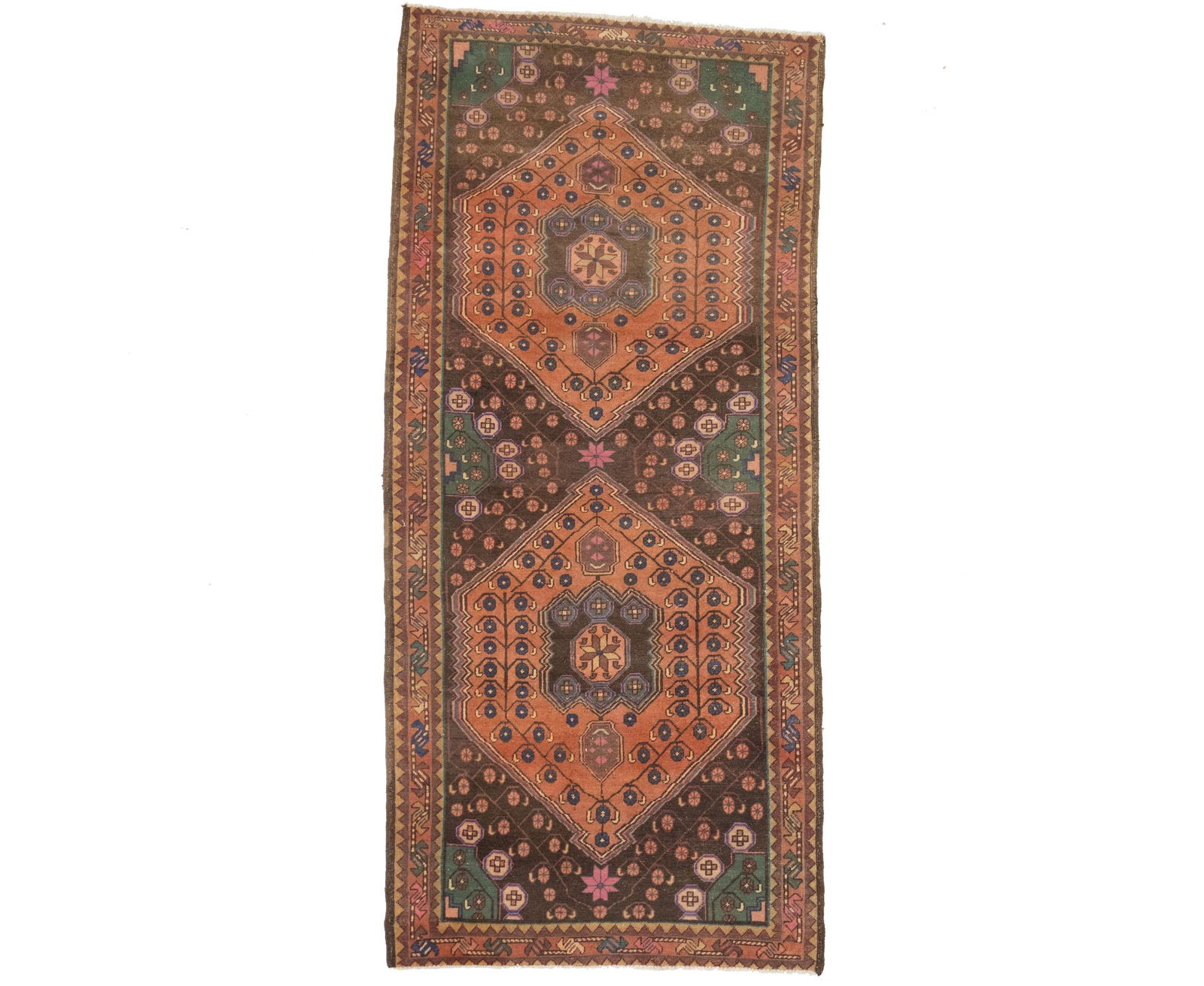 Semi Antique Muted Colors Tribal Floral 4'5X9'8 Meshkin Persian Runner Rug: Title:Semi Antique Muted Colors Tribal Floral 4'5X9'8 Meshkin Persian Runner RugDescription:Semi-antique Persian rug, hand-knotted with traditional craftsmanshipTribal piece featuring a floral