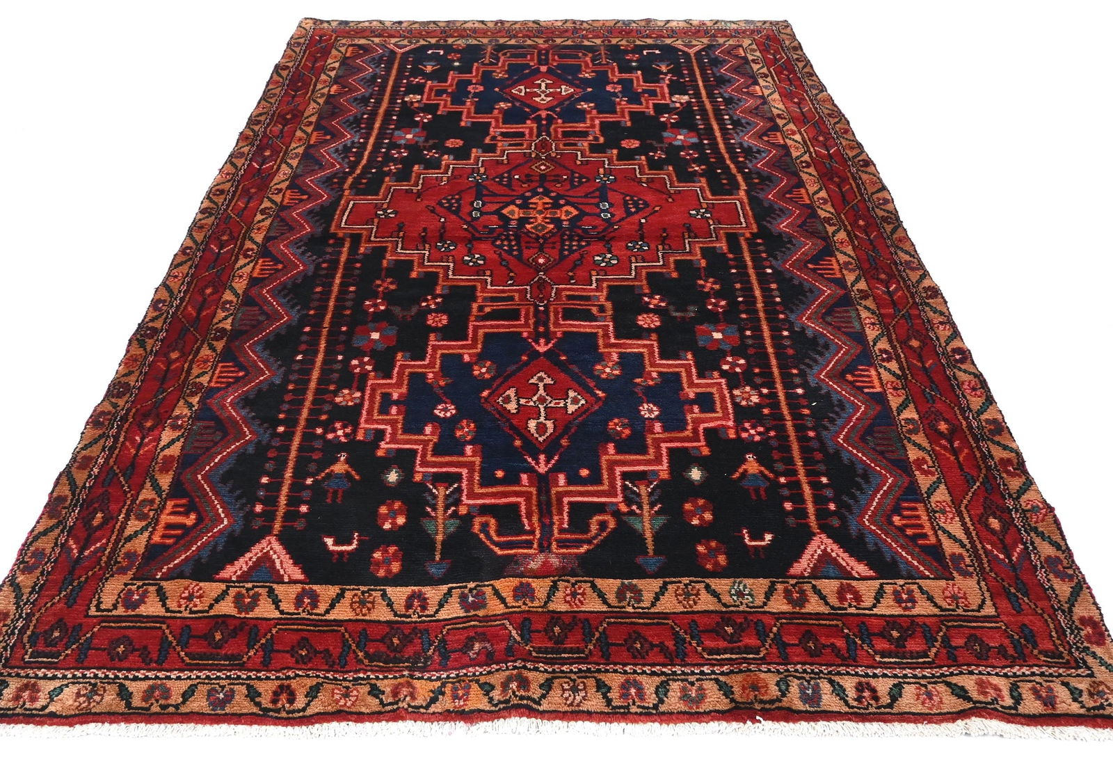 Vintage Purple-navy Pictorial Tribal 4'11X8'3 Hamedan Persian Rug - 2