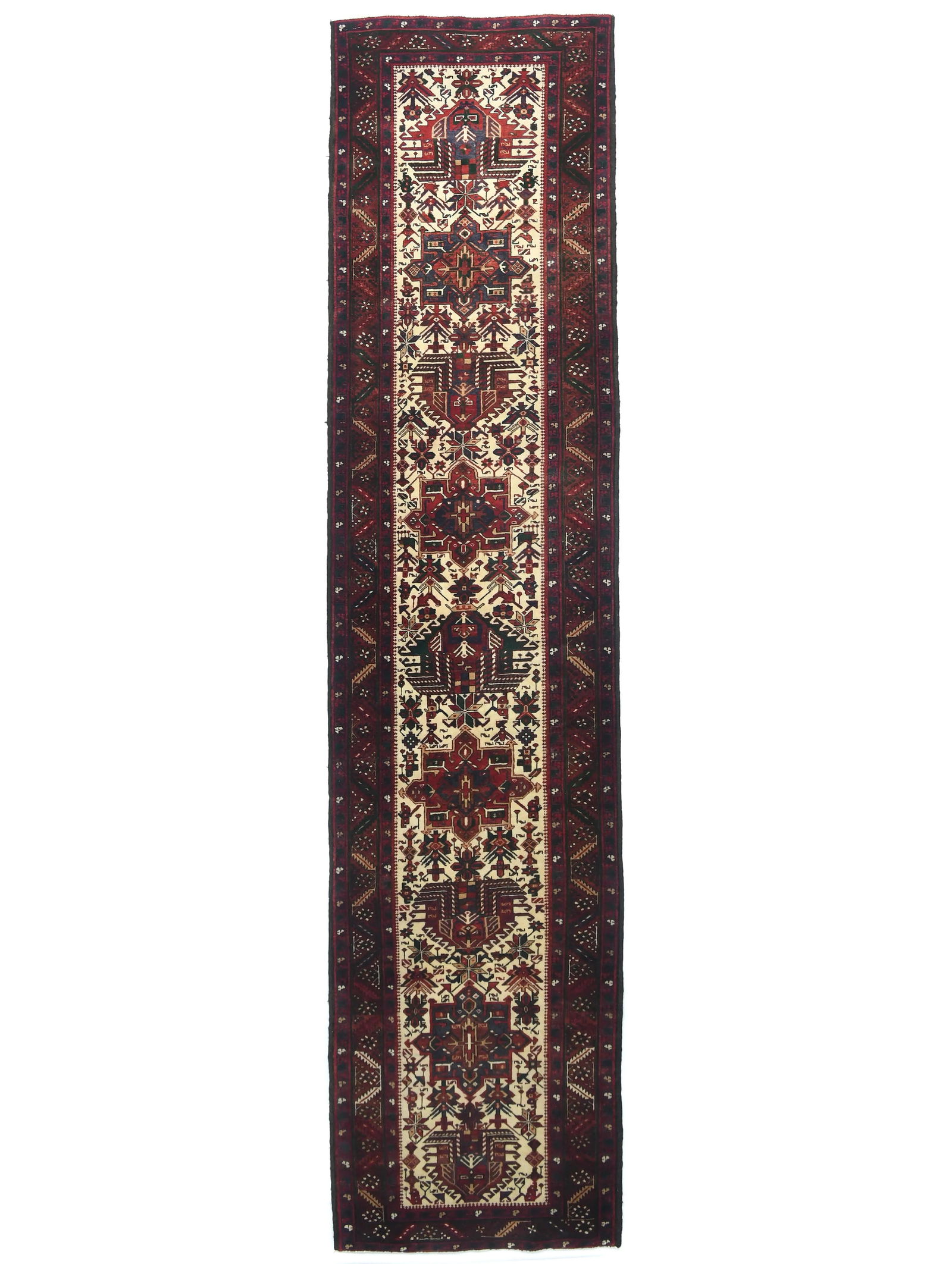 Vintage Cream Geometric 3'4X14'6 Karajeh Persian Runner Rug: Title:Vintage Cream Geometric 3'4X14'6 Karajeh Persian Runner Rug Description:Hand Knotted vintage 3'4X14'6 cream Persian runner made with vegetable dyes (fine wool pile and cotton foundation), superi