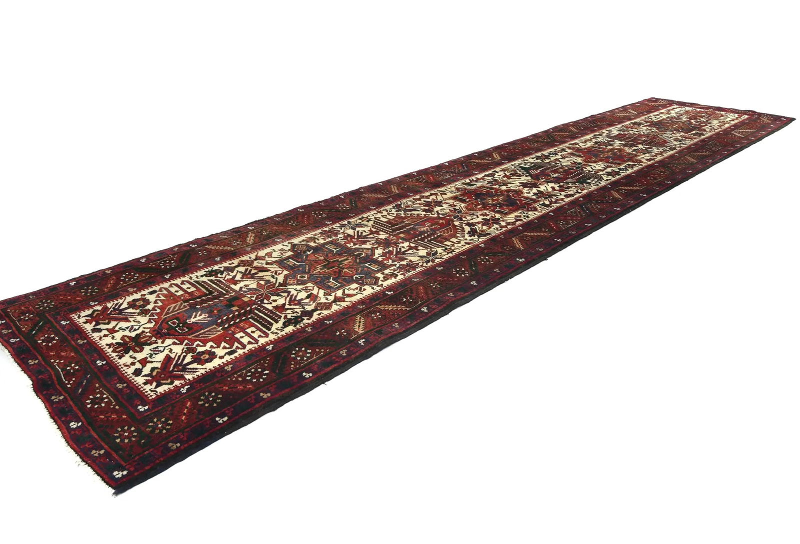 Vintage Cream Geometric 3'4X14'6 Karajeh Persian Runner Rug - 3