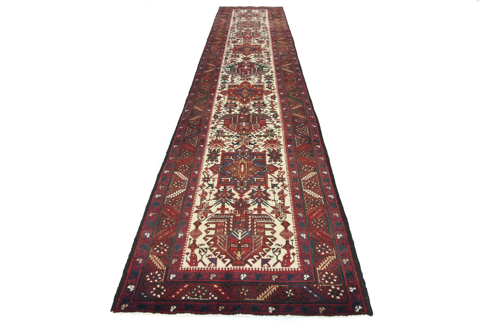 Vintage Cream Geometric 3'4X14'6 Karajeh Persian Runner Rug - 9