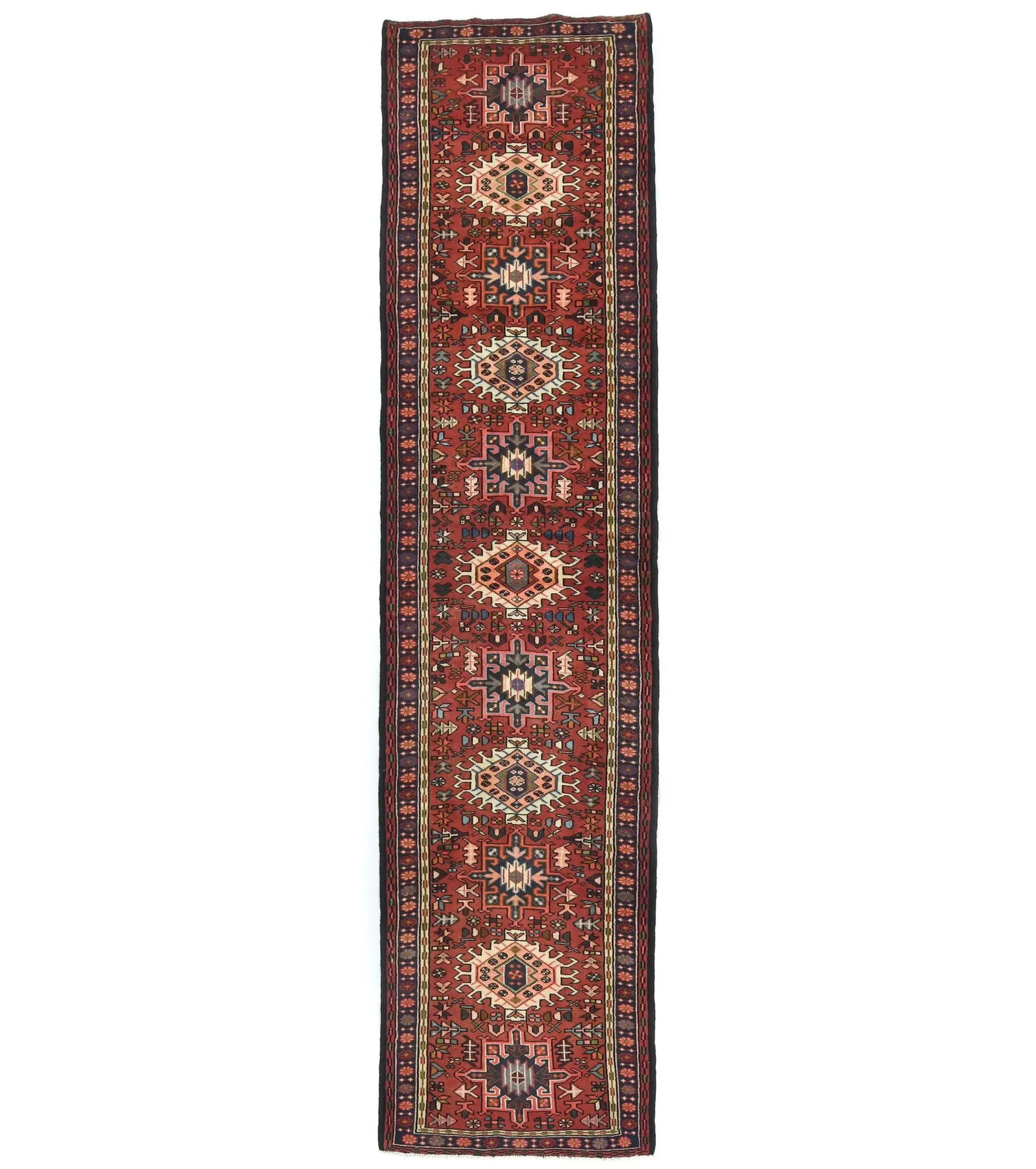 Vintage Red Geometric 3X12 Karajeh Persian Runner Rug: Title:Vintage Red Geometric 3X12 Karajeh Persian Runner Rug Description:Hand Knotted 3X12 red Persian runner made with vegetable dyes (fine wool pile and cotton foundation), exceptional knot count, an