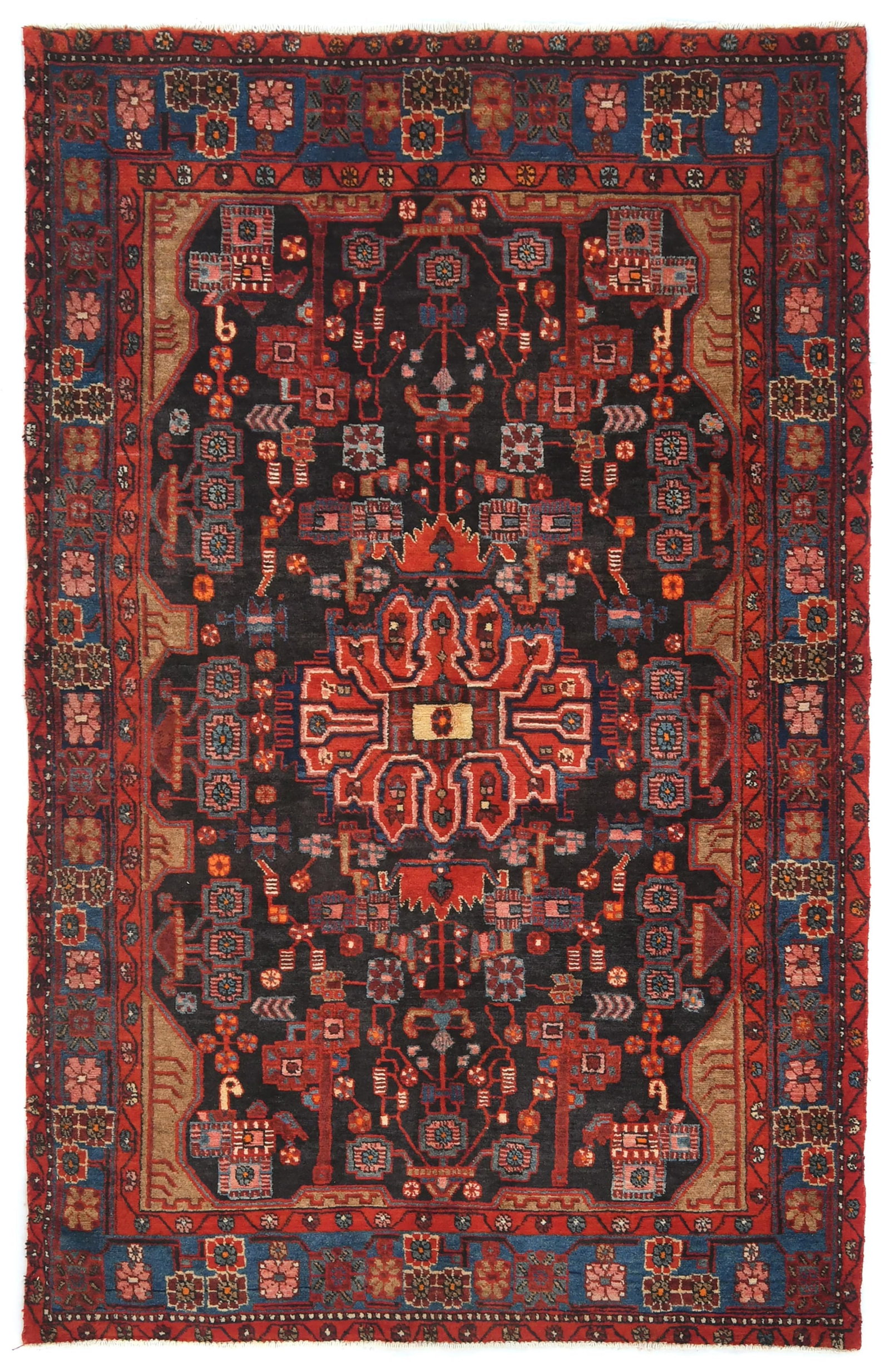 Vintage Tribal Plum 5X8 Nahavand Persian Rug: Title:Vintage Tribal Plum 5X8 Nahavand Persian RugDescription:Hand-knotted in Persia using vintage weaving craftsmanshipTribal floral design suitable for entryway or foyer spacesPlum, red, khaki,