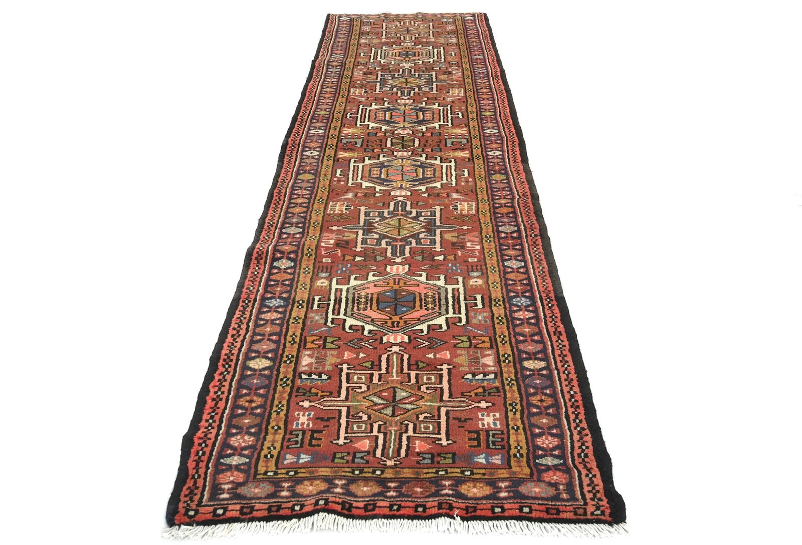 Vintage Rusty Red Geometric 2'4X9'6 Karajeh Persian Runner Rug - 9