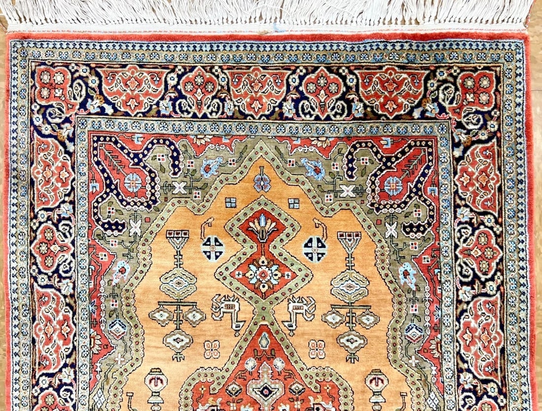 Hand-Knotted Persian Qum 100% Silk Semi-Antique Gold Oriental Rug 2'8" x 4'3" - 4